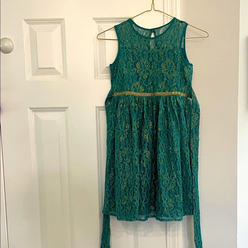 Charming Teal Lace Kids Dress with Gold Accents